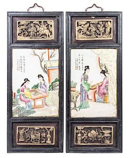 A Pair of Famille Rose Porcelain Plaques Height 14 x width 9 1/2 inches (each).