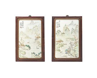 A Pair of Polychrome Enamel Porcelain Plaques Height 12 5/8 x width 7 3/8 inches.