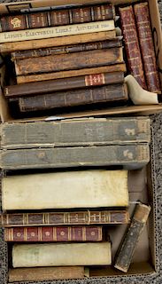 Group of books in two boxes, early imprints, some rebound years later to include Joanis Nicholaii Secundi Opera Omnia 2 Volumes 1821...