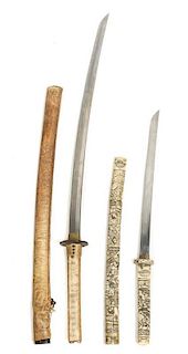 A Sword with Carved Scabbard and Handle, Length of longest 37 1/4 inches.