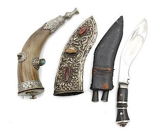 A Tibetan Knife and Powder Horn, Length of knife including sheath 10 3/8 inches.