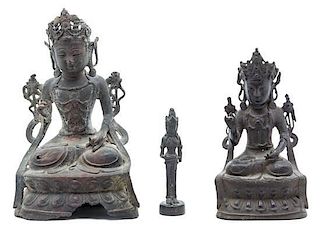 * Three Bronze Figures of Bodhisattvas Height of tallest 10 inches.