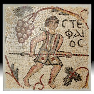 Roman Stone Mosaic Spear Thrower & Grapevine