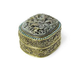 A Jade and Turquoise Mounted Gilt Bronze Box and Cover Height 5 1/4 x width 5 7/8 inches.