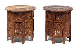A Near Pair of Iranian Wood Tables, Height 22 x diameter 21 inches.
