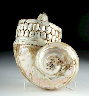 18th C. Indo-Persian Mughal Shell & Copper Powder Flask