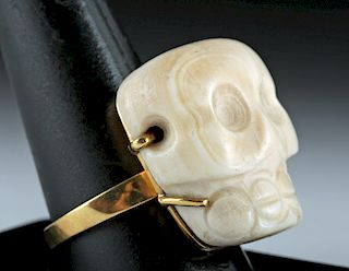 Rare Aztec Carved Clamshell Skull Ring - Ex Joel Malter