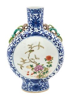 A Famille Rose, Blue and White Porcelain Moon Flask Height 10 3/4 inches.