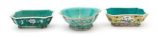 Three Famille Rose Turquoise Glaze Bowls Height of first 2 1/4 x width 6 5/8 x depth 5 1/8 inches.