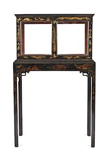 An English Japanned Vitrine on Stand, Height overall 55 1/2 x width 34 x depth 15 inches.