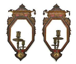 A Pair of Chinoiserie Single-Light Mirrored Sconces, Height 16 1/2 inches.