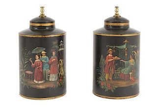 A Pair of Chinoiserie Tea Canister Table Lamps, Height 17 inches.