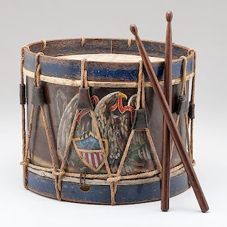 Painted Brass Bodied U.S. Military Drum with Sticks