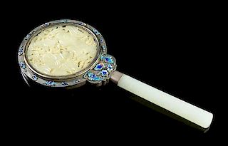 A Jade, Silver and Enamel Hand Mirror Height overall 8 5/8 inches.