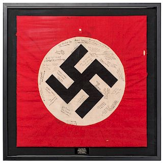 War Trophy Nazi Flag Dated March 11, 1945, Signed by the Men of the 104th Infantry Division 414th Regiment 3rd Armored Division