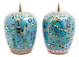 A Pair of Cloisonne Enamel Jars and Covers Height 13 1/4 inches.