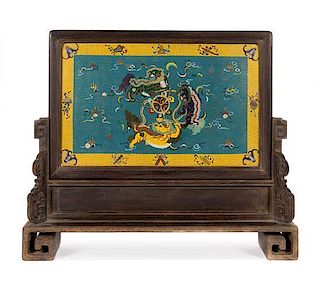 A Cloisonne Enamel Inset Table Screen Height 24 inches.
