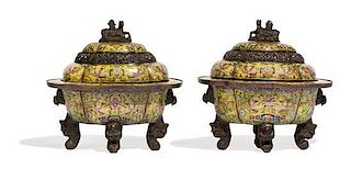 A Pair of Massive Cloisonné Enamel Censers and Covers Height 26 x width 26 x depth 20 inches.