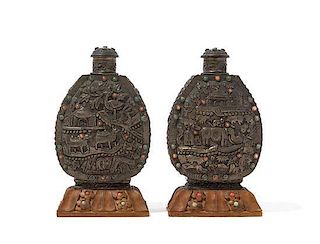 * A Pair of Mongolian Silver Table Snuff Bottles Height of pair 7 3/8 inches.