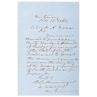 ALS by Christopher Gustavus Memminger Authorizing the Purchase of Powder Later Used in the Firing on Fort Sumter