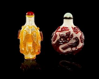 Two Peking Glass Snuff Bottles Height of taller 3 1/8 inches.