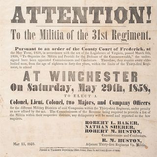 Scarce 1858 Virginia Militia Broadside