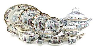An Extensive English Ironstone China Chinoiserie Transfer-Printed Dinner Service,