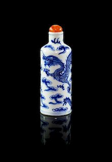 A Blue and White Porcelain Snuff Bottle Height 3 5/8 inches.