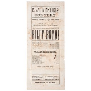Ca 1863 Island Minstrels Broadside Advertising a Concert for the Benefit of  Prisoners Held at Johnson's Island