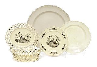 A Creamware and Black Printed Partial Dinner Service, Diameter of platter 14 3/8 inches.