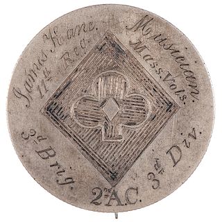 Engraved 2nd Corps "Cloverleaf" ID Disk, James Kane, 11th Massachusetts Volunteers