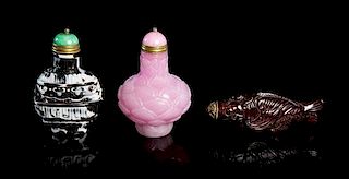Three Carved Snuff Bottles Length of longest 3 1/8 inches.