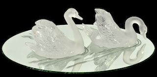 Two (2) Lalique Crystal Swans on Mirror Plateau