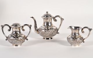 3 Piece Chinese Silver Tea Set in Display Box