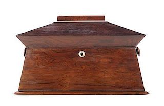 A Regency Rosewood Tea Caddy, Height 8 1/2 x width 15 x 8 3/4 inches.