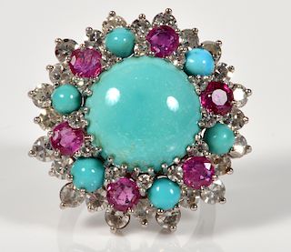 Persian Turquoise, Ruby, Diamond & 18kt WG Ring