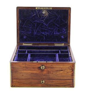 A Regency Brass Banded Rosewood Jewelry Box, Height 7 1/8 x width 12 1/2 x 9 1/4 inches.