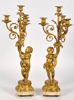 19th Ct. Pr. French Dore Bronze & Marble 4 Arm Candelabras