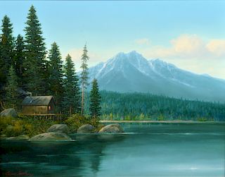 Gene Speck 'Cabin on Lake' Oil Painting