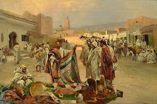 Signed Middle Eastern Bazaar Scene, Oil Painting