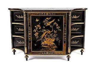 A Regency Style Japanned Console Cabinet, Height 37 x width 59 x depth 17 3/4 inches.