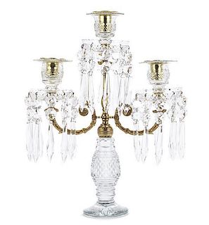 A Cut Glass and Gilt Metal Three-Light Candelabrum, Height 15 inches.