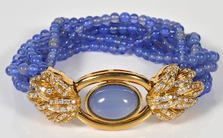 18kt YG 8 Strand Chalcedony & Diamond Bracelet