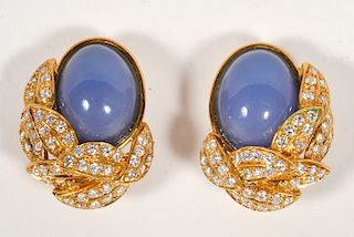 18kt YG Cabochon Chalcedony & Diamond Earrings
