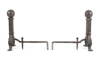 A Pair of Wrought Iron Spanish Baroque-style Andirons, Height 23 inches.