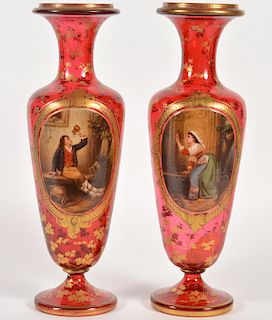 Pr. Moser Style Bohemian Cranberry Glass Vases