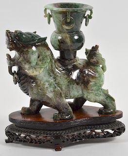 Carved Chinese Jade Foo Dog with Wood Base