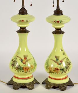 Pr. Art Nouveau Hand Painted Custard Lamps