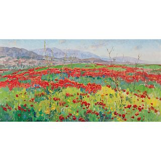 20th-Century Landscape with Poppies Oil on Canvas 