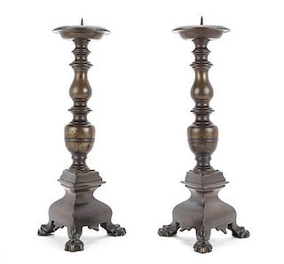 A Pair of Baroque Style Bronze Pricket Sticks, Height 11 5/8 inches.
